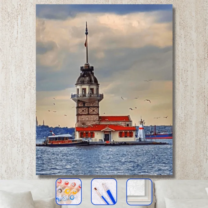 kiz kulesi 1 sayilarla boyama seti tuval seti firca boya dahil kasnakli hobi 40x50cm 36693